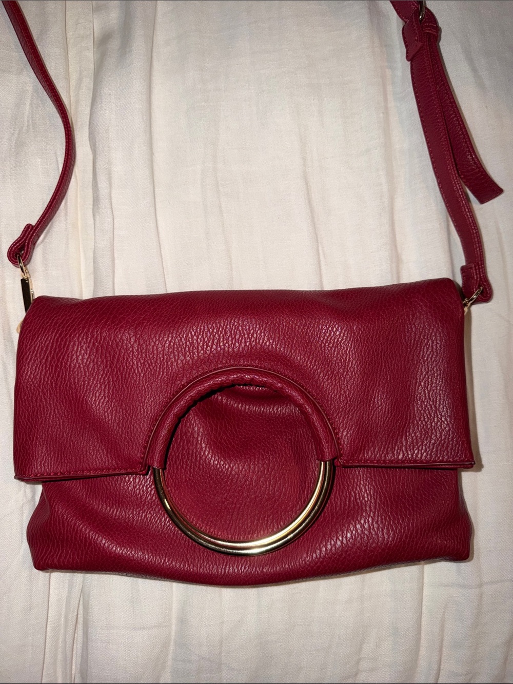Sondra Roberts 2in1 Red Leather Crossbody with Gold Ring Accent